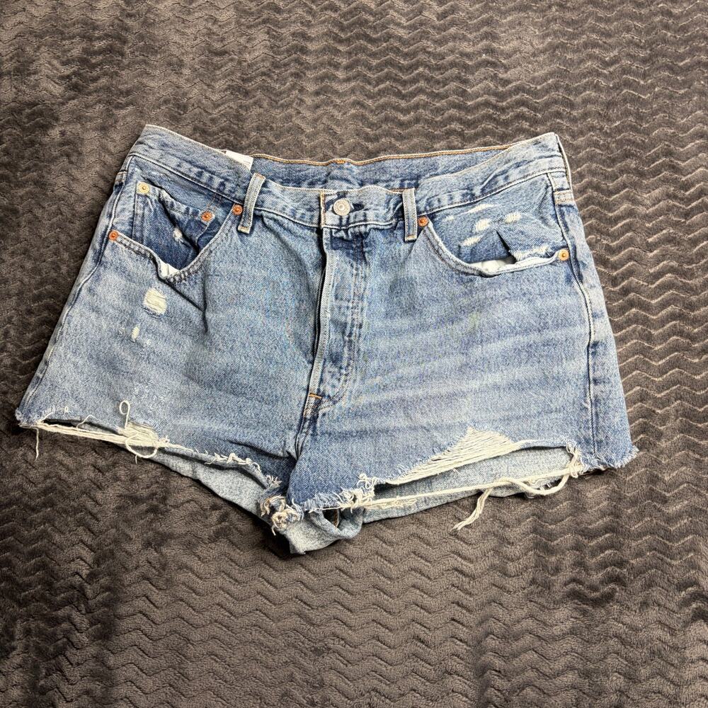 Levis 501 Shorts Womens 33 Blue Denim Distressed Cutoff Button Fly Raw Hem